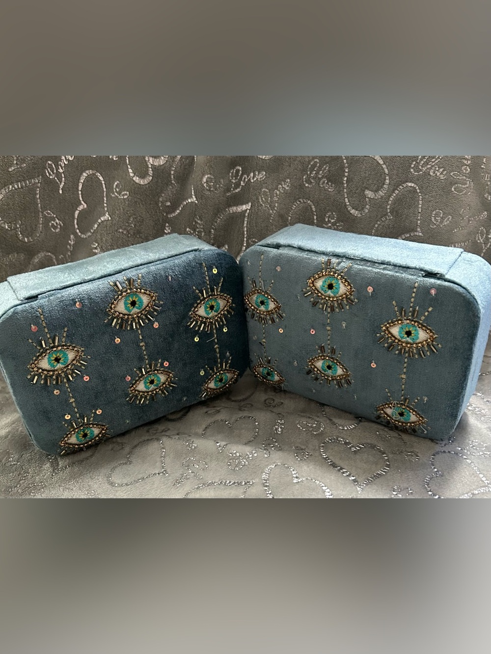 NWT Crafted in India, Two Teal, Velvet Evil Eye Jewelry Boxes